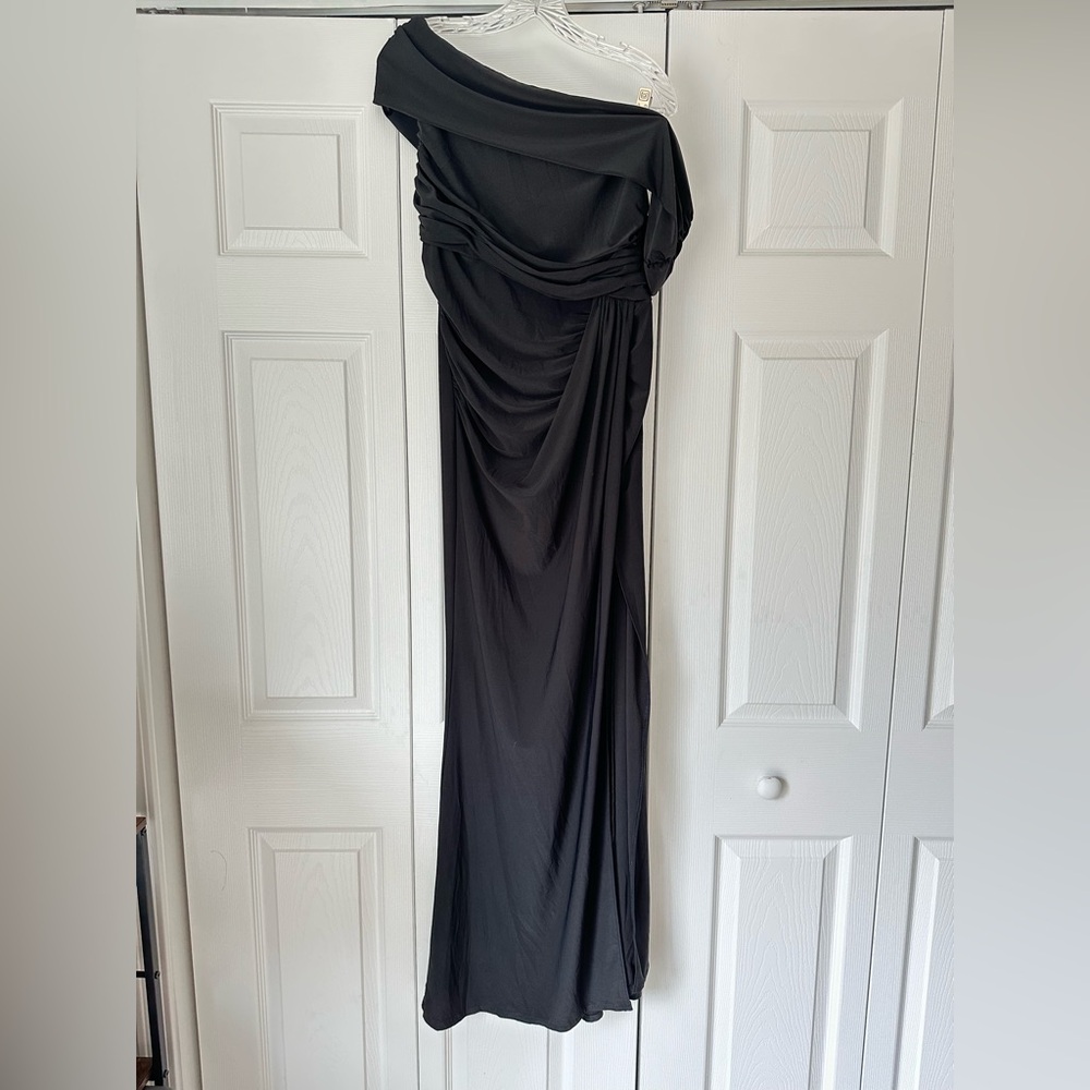Azazie Black Asymmetrical Ruched One Shoulder Gown
